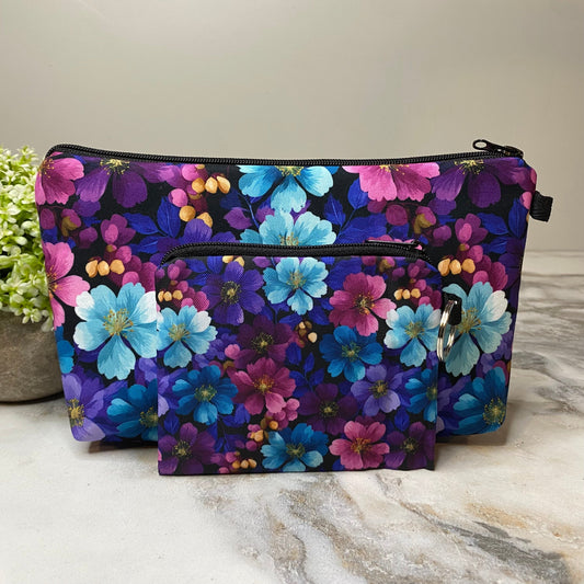 Pouch & Mini Pouch Bundled Set - Floral Pink Purple Aqua