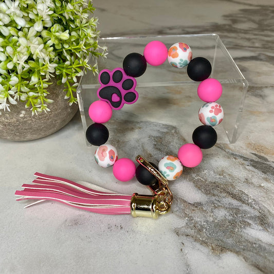 Silicone Bracelet Keychain - Paw Print Hot Pink