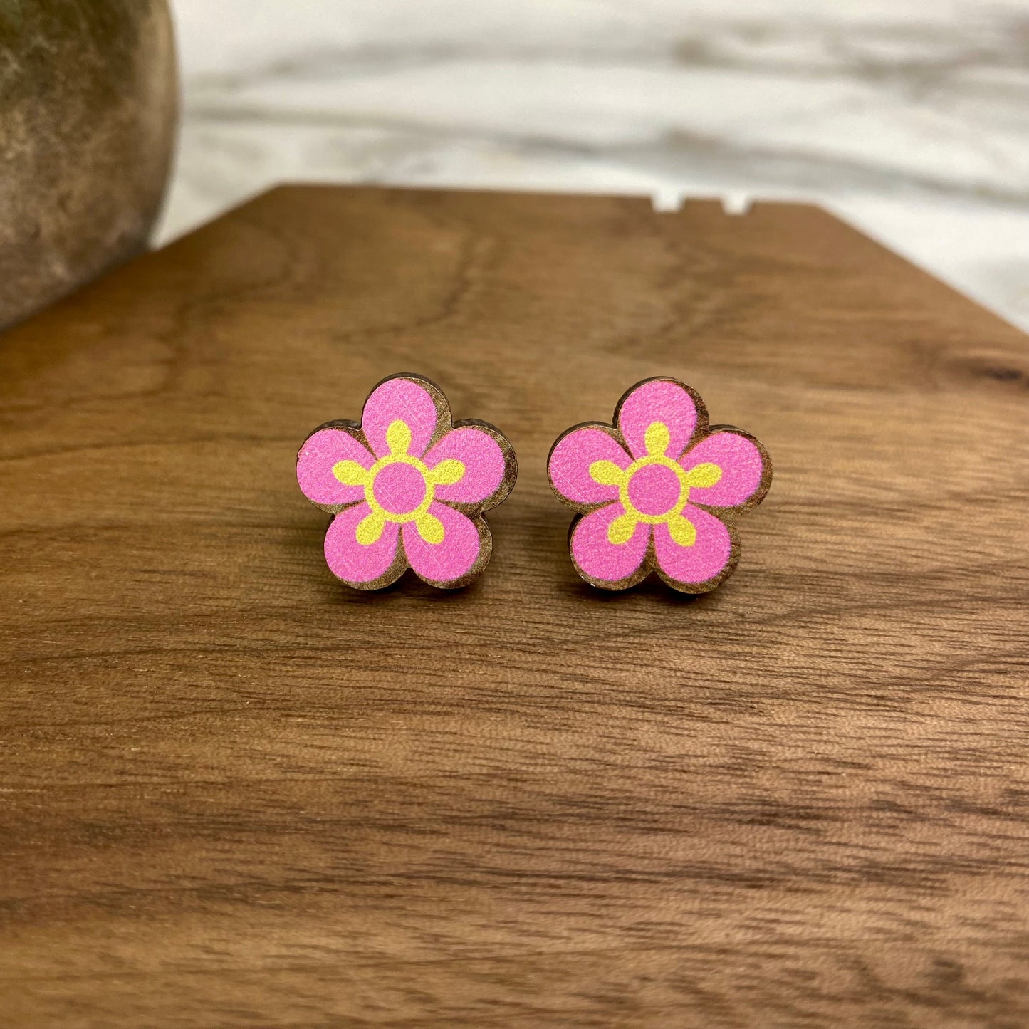 Wooden Stud Earrings - Floral #2