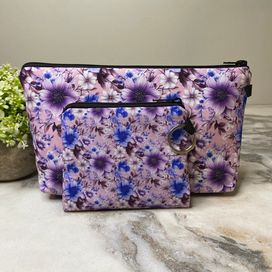 Pouch & Mini Pouch Bundled Set - Floral Purple Blue