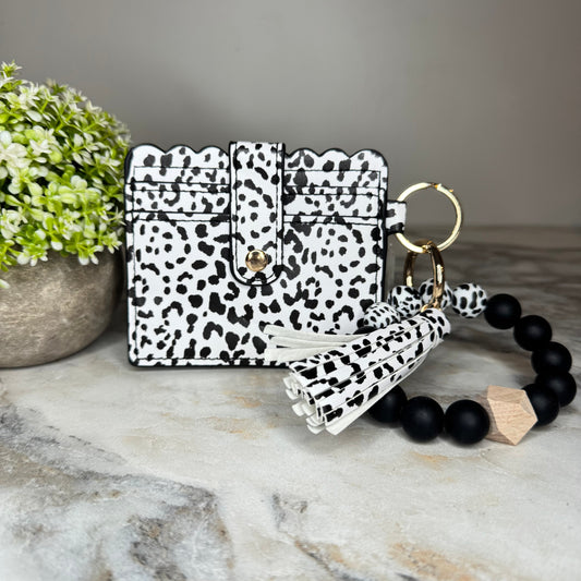 Silicone Bracelet Keychain with Scalloped Card Holder - Black Spots