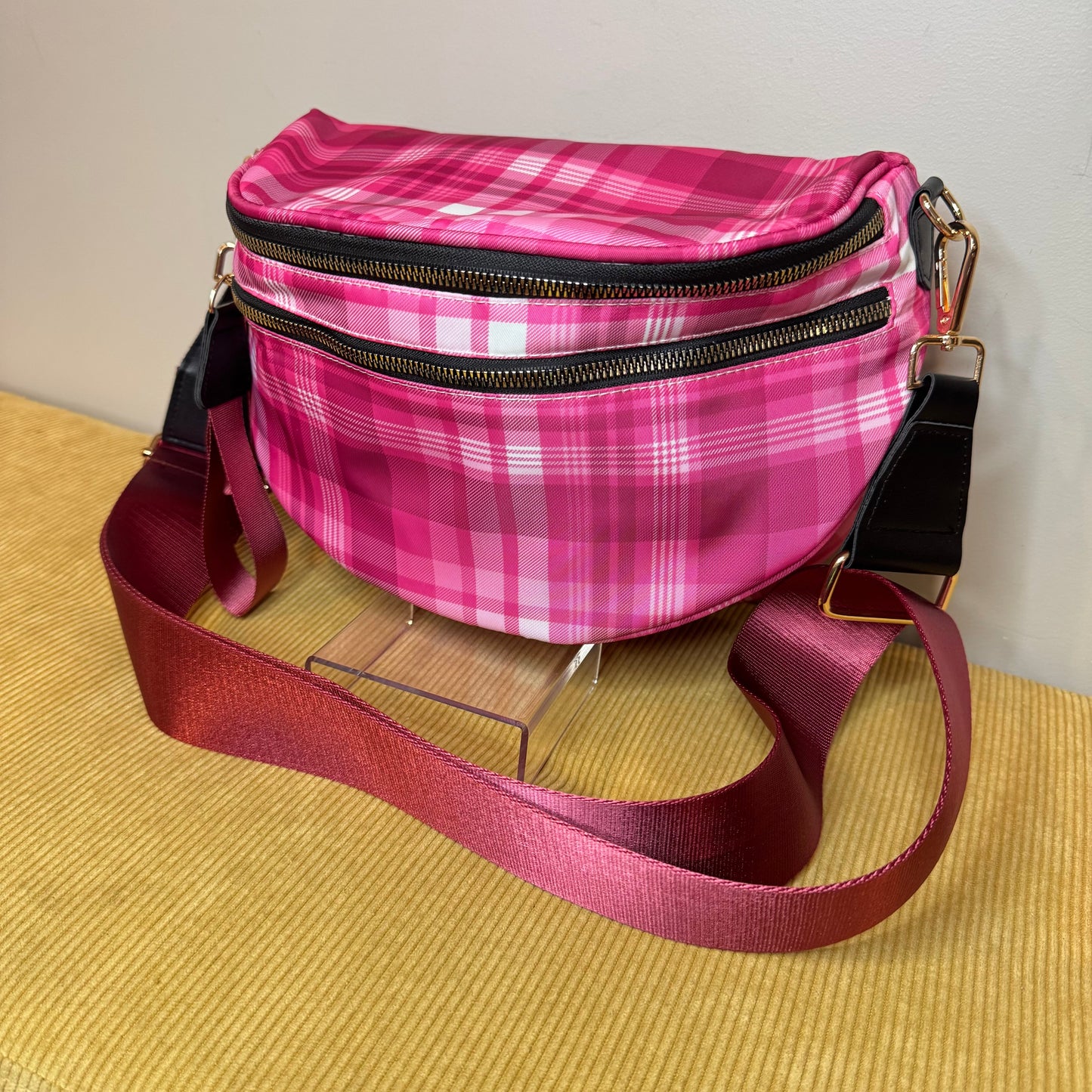 The Roni Nylon Crossbody - Pink Plaid