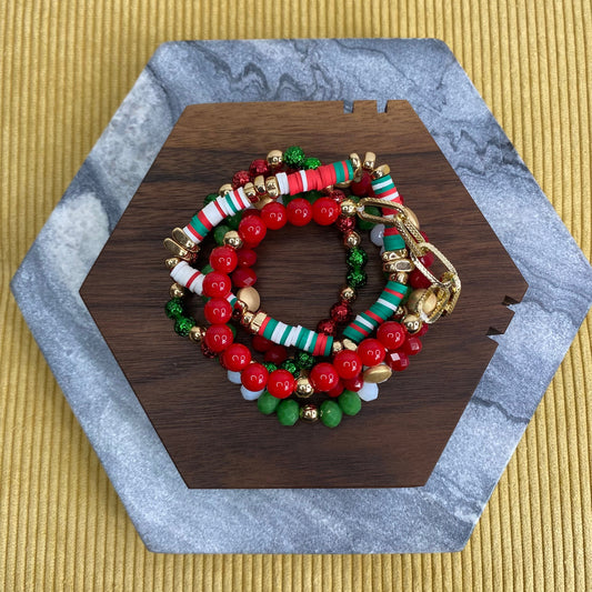 Bracelet Pack - Christmas Red and Green Clay, Bead, Gold Chain