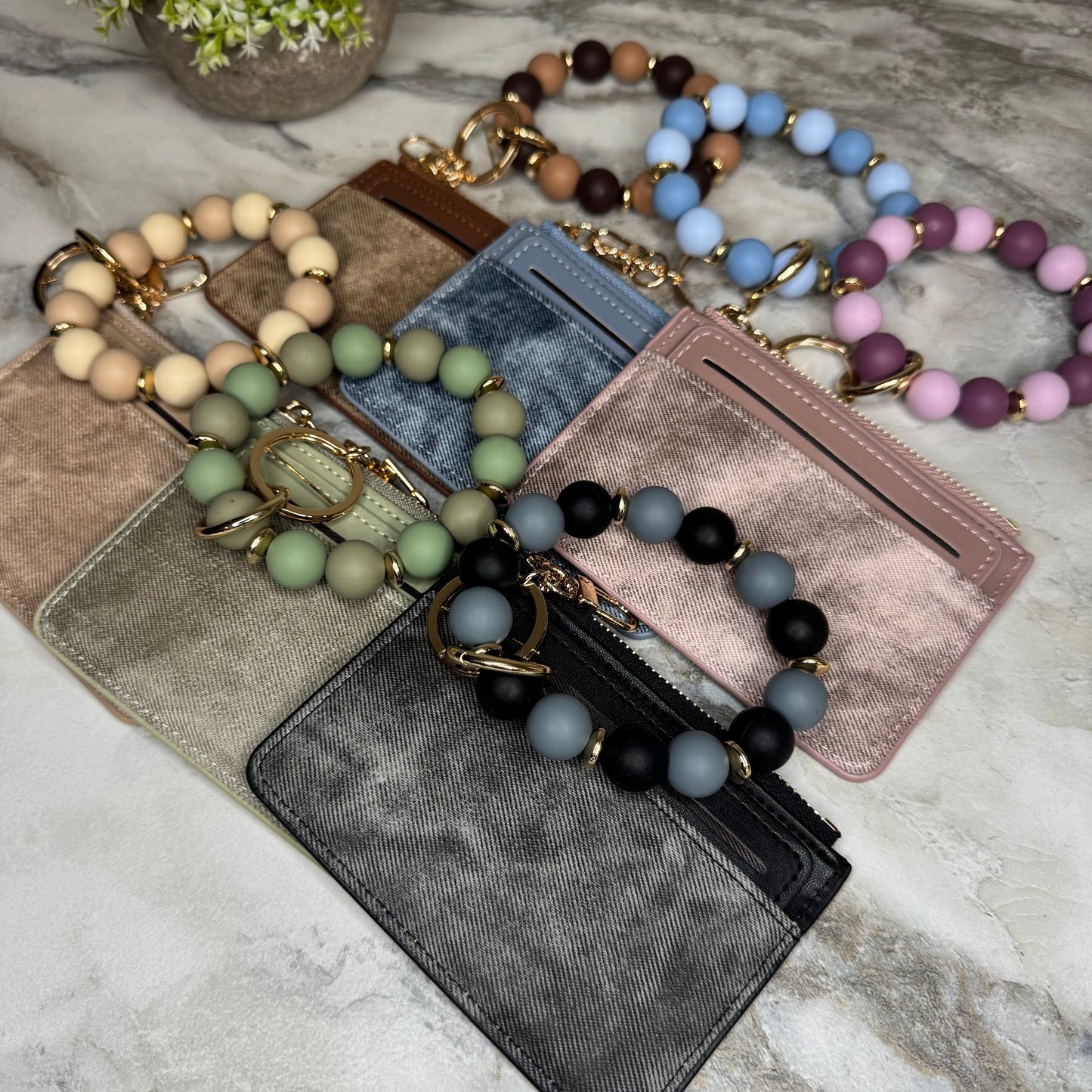 Denim Suede Bracelet Keychain & Card Holder Wallet